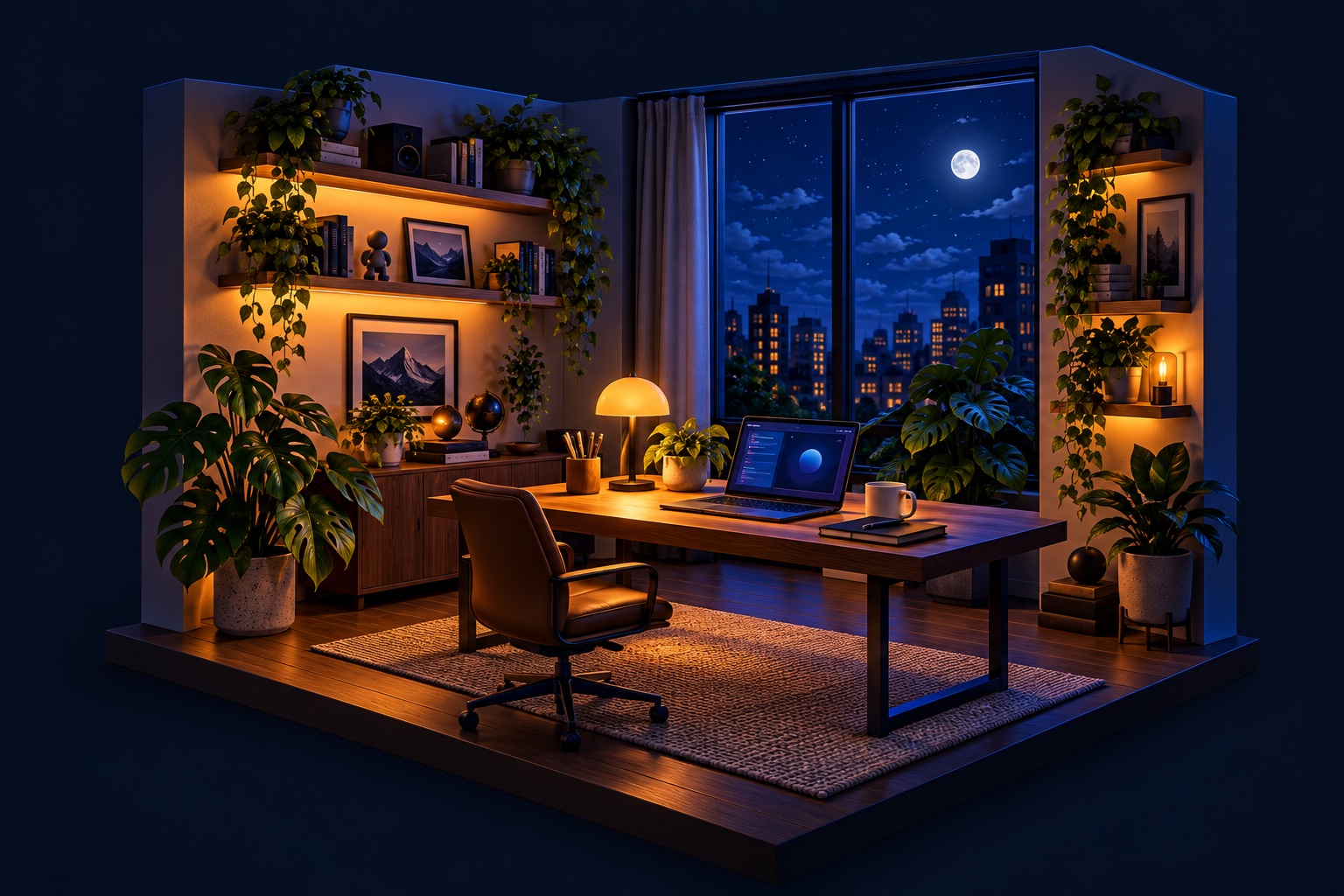 Un estudio de creación nocturno, con un portátil, plantas y una lámpara cálida junto a una ventana azul.
